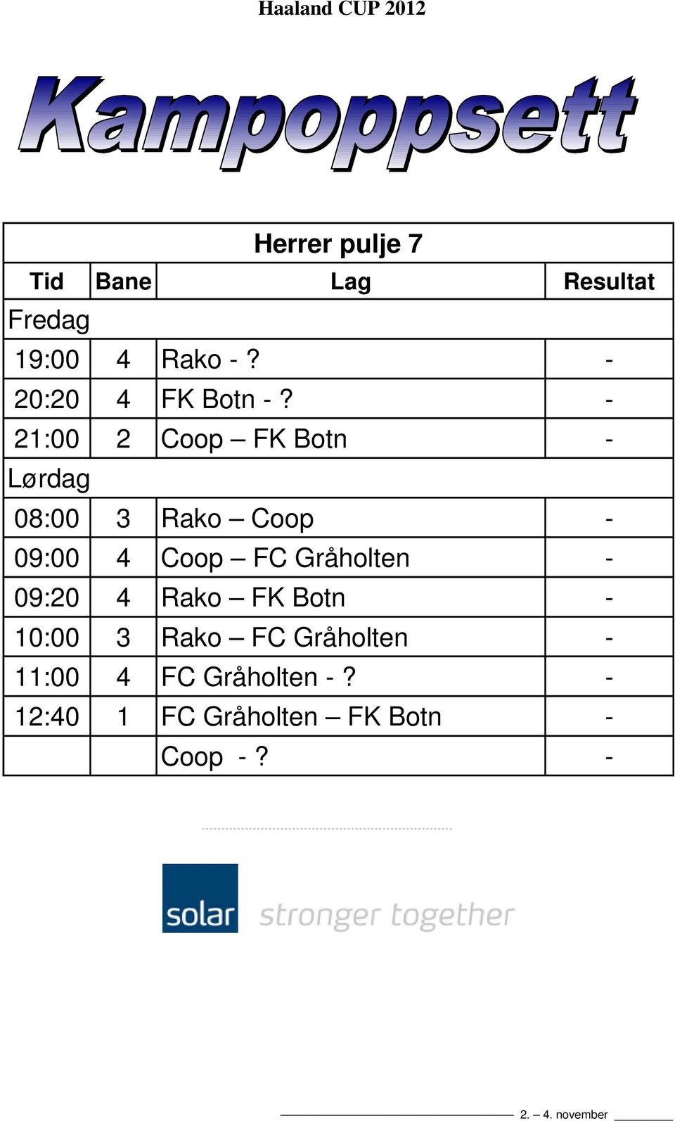 Coop FC Gråholten - 09:20 4 Rako FK Botn - 10:00 3 Rako FC