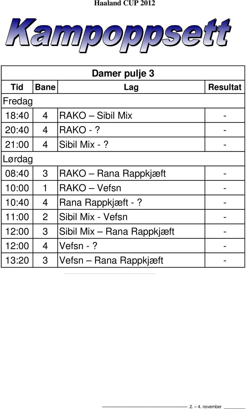 - Lørdag 08:40 3 RAKO Rana Rappkjæft - 10:00 1 RAKO Vefsn - 10:40 4