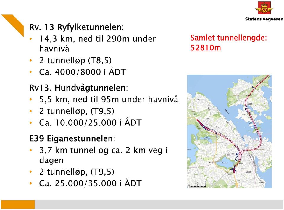 Hundvågtunnelen: 5,5 km, ned til 95m under havnivå 2 tunnelløp, (T9,5) Ca. 10.