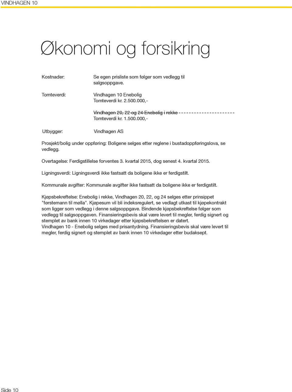 Overtagelse: Ferdigstillelse forventes 3. kvartal 2015, dog senest 4. kvartal 2015. Ligningsverdi: Ligningsverdi ikke fastsatt da boligene ikke er ferdigstilt.