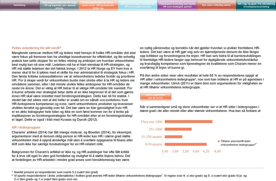 felles og ambisjon om hvordan virksomheten best mulig kan nå sine mål. Ledelsen må ha et klart eierskap til HR-strategien, og HR må støtte ledelsen der det faktisk trengs.