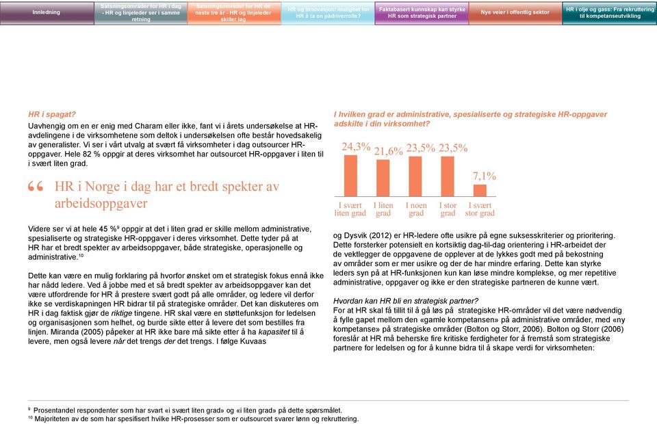 HR i Norge i dag har et bredt spekter av arbeidsoppgaver Videre ser vi at hele 45 % 9 oppgir at det i liten grad er skille mellom administrative, spesialiserte og strategiske HR-oppgaver i deres