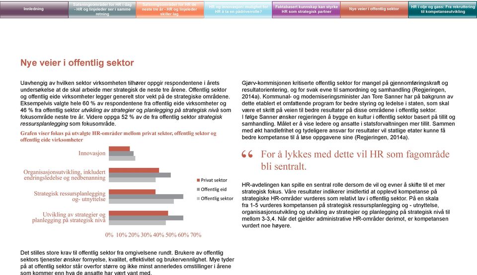 Eksempelvis valgte hele 60 % av respondentene fra offentlig eide virksomheter og 46 % fra offentlig sektor utvikling av strategier og planlegging på strategisk nivå som fokusområde neste tre år.