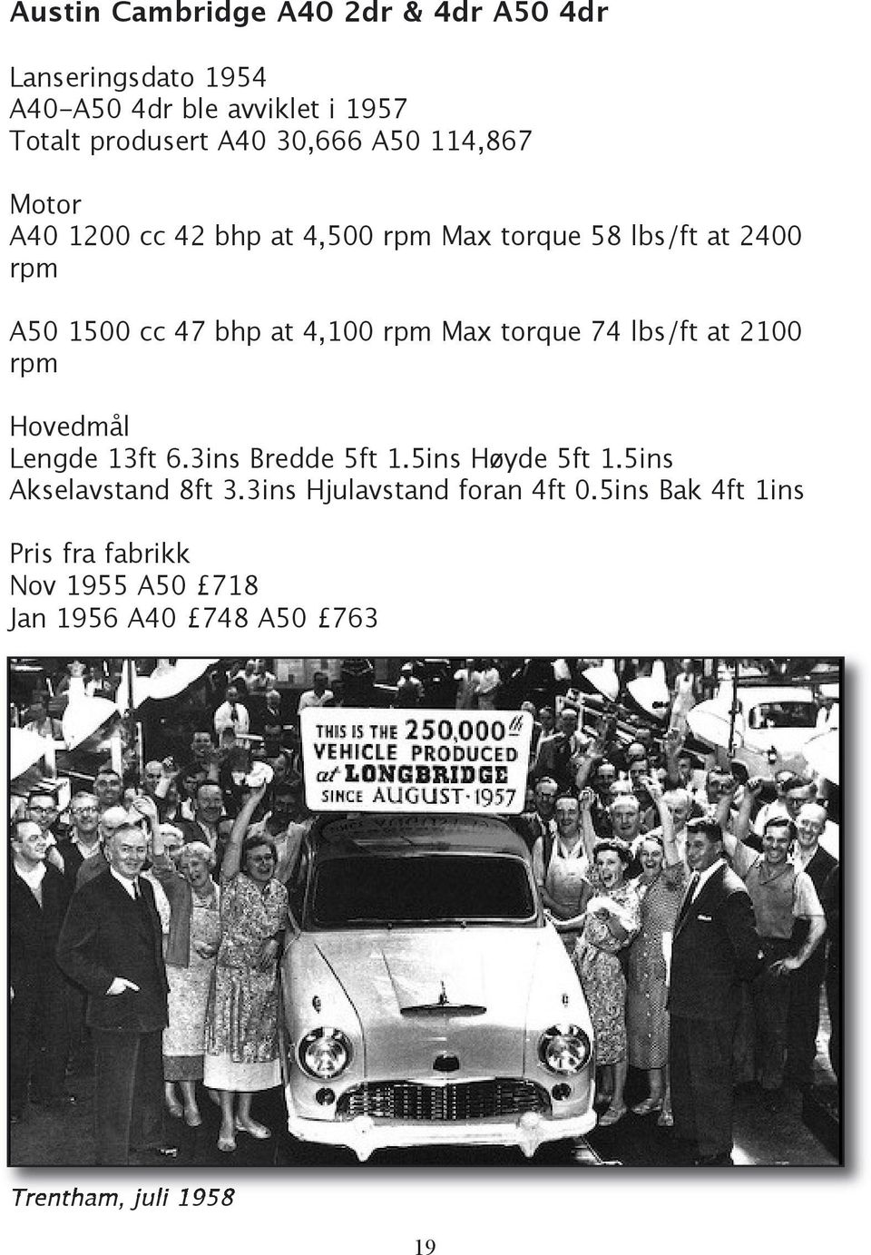 torque 74 lbs/ft at 2100 rpm Hovedmål Lengde 13ft 6.3ins Bredde 5ft 1.5ins Høyde 5ft 1.5ins Akselavstand 8ft 3.