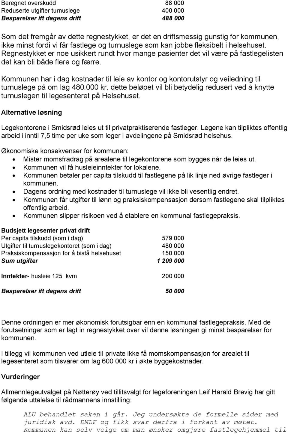 Kommunen har i dag kostnader til leie av kontor og kontorutstyr og veiledning til turnuslege på om lag 480.000 kr.