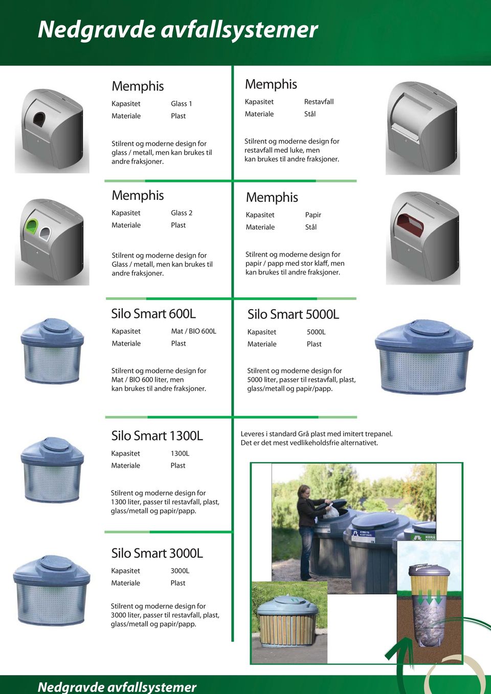 restavfall, plast, glass/metall og papir/papp. Silo Smart 1300L 1300L Plast Leveres i standard Grå plast med imitert trepanel.