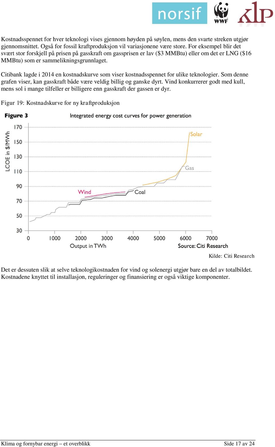 Citibank lagde i 2014 en kostnadskurve som viser kostnadsspennet for ulike teknologier. Som denne grafen viser, kan gasskraft både være veldig billig og ganske dyrt.