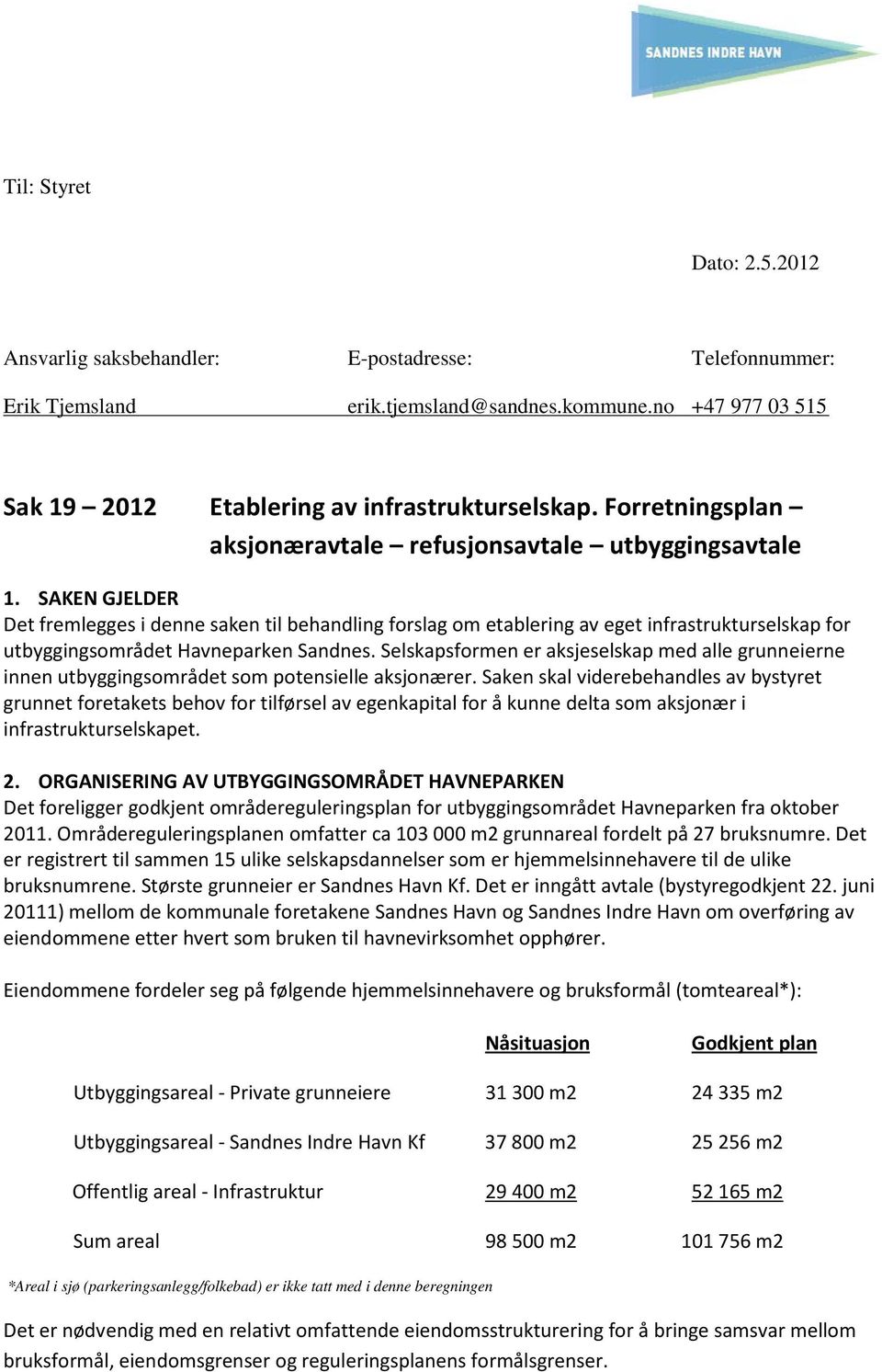 SAKEN GJELDER Det fremlegges i denne saken til behandling forslag om etablering av eget infrastrukturselskap for utbyggingsområdet Havneparken Sandnes.