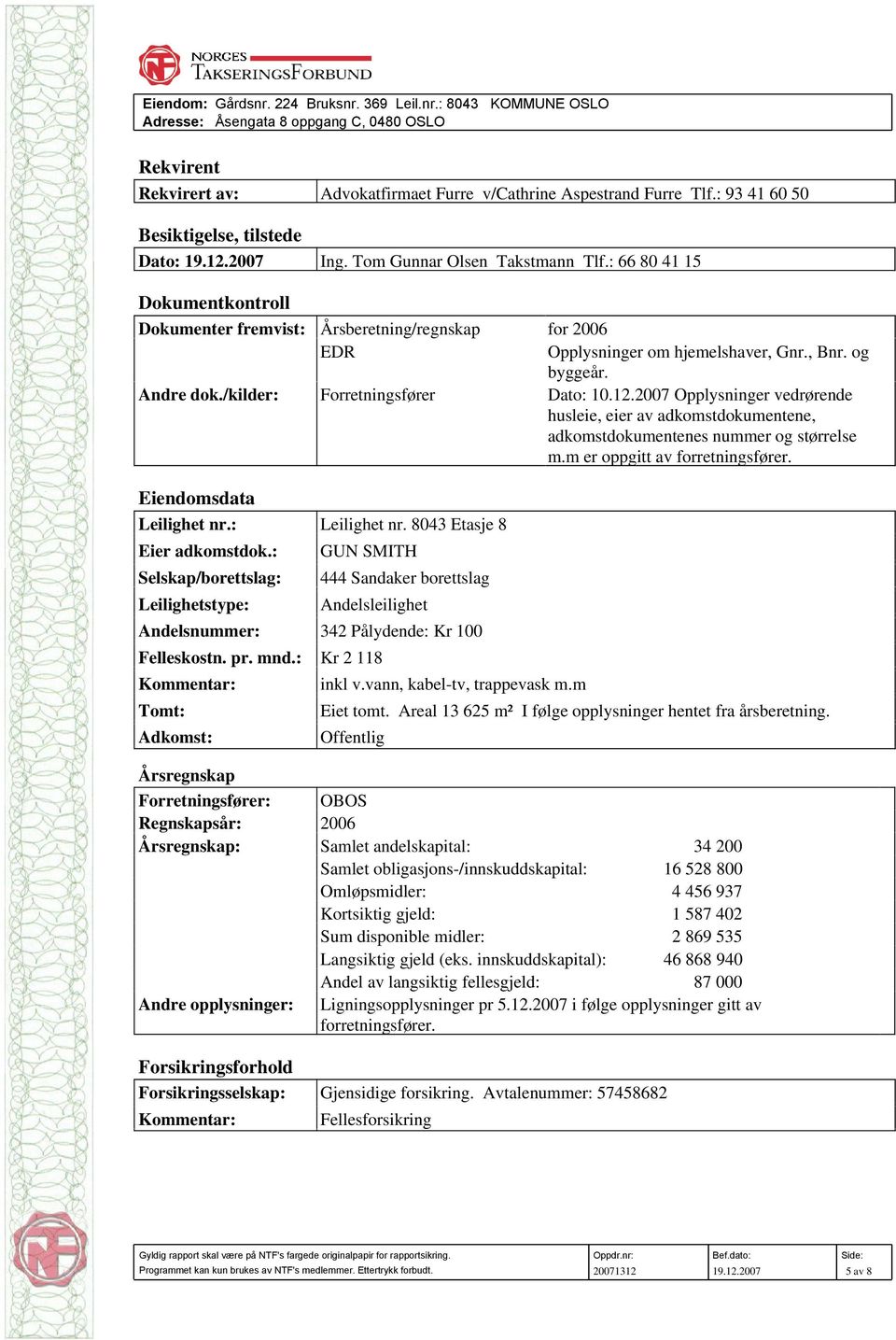 : 66 80 41 15 Dokumentkontroll Dokumenter fremvist: Årsberetning/regnskap for 2006 EDR Opplysninger om hjemelshaver, Gnr., Bnr. og byggeår. Andre dok./kilder: Forretningsfører Dato: 10.12.