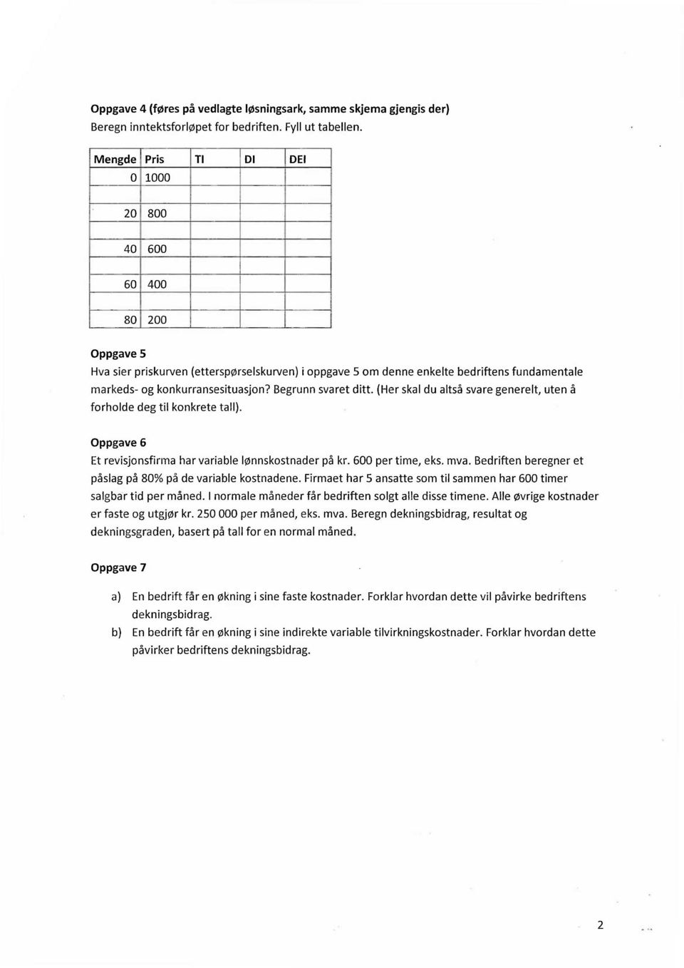 Begrunn svaret ditt. (Her skal du altså svare generelt, uten å forholde deg til konkrete tall). Oppgave 6 Et revisjonsfirma har variable lønnskostnader på kr. 600 per time, eks. mva.