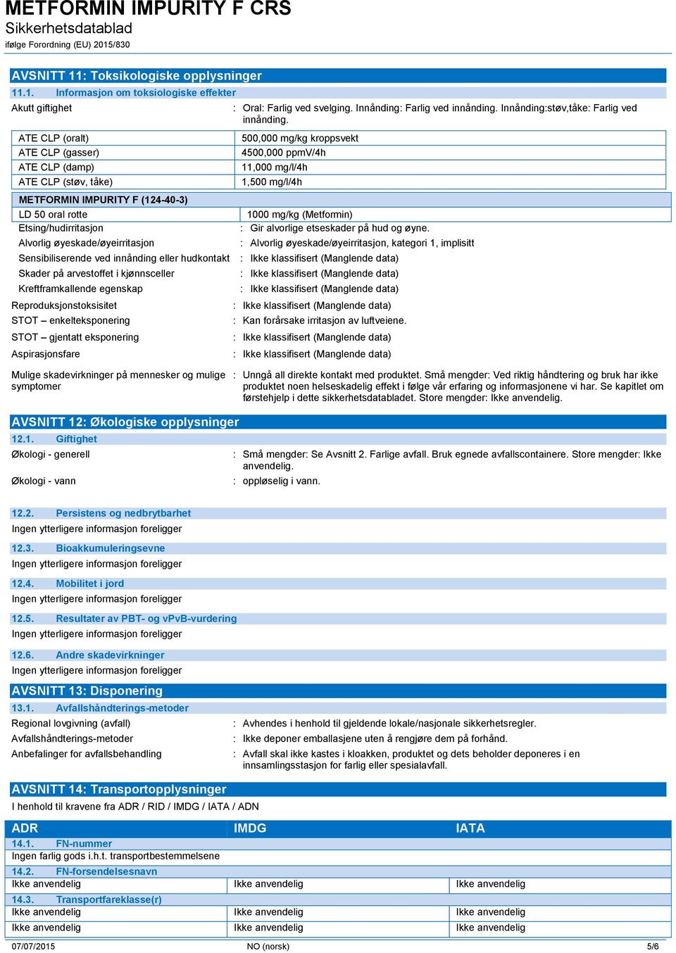 .1. Informasjon om toksiologiske effekter Akutt giftighet ATE CLP (oralt) ATE CLP (gasser) ATE CLP (damp) ATE CLP (støv, tåke) METFORMIN IMPURITY F (124-40-3) LD 50 oral rotte Etsing/hudirritasjon