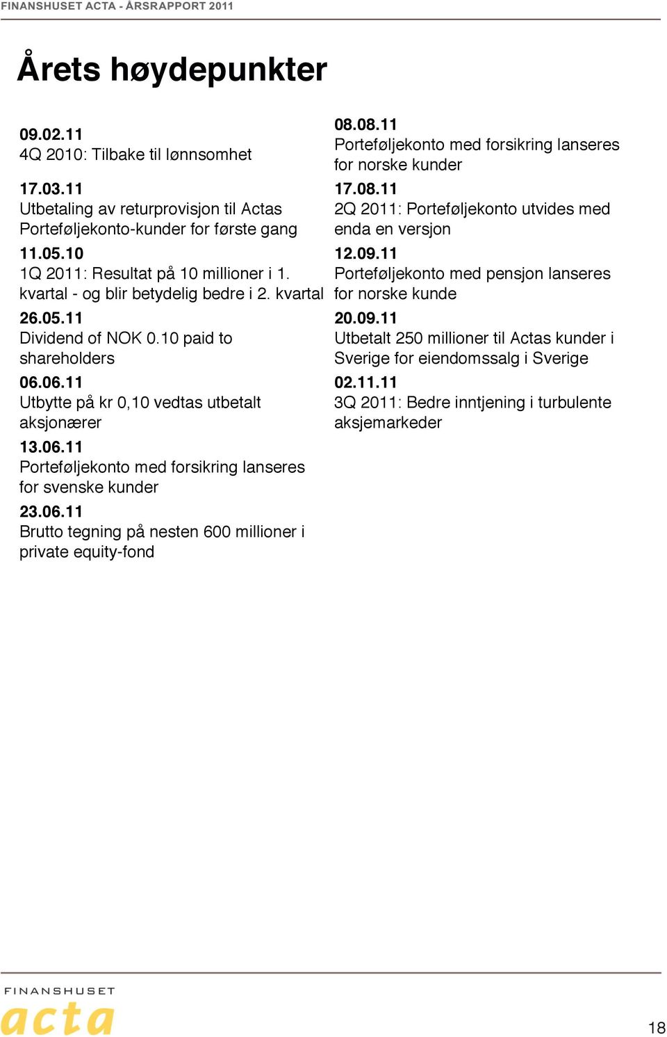 06.11 Brutto tegning på nesten 600 millioner i private equity-fond 08.08.11 Porteføljekonto med forsikring lanseres for norske kunder 17.08.11 2Q 2011: Porteføljekonto utvides med enda en versjon 12.