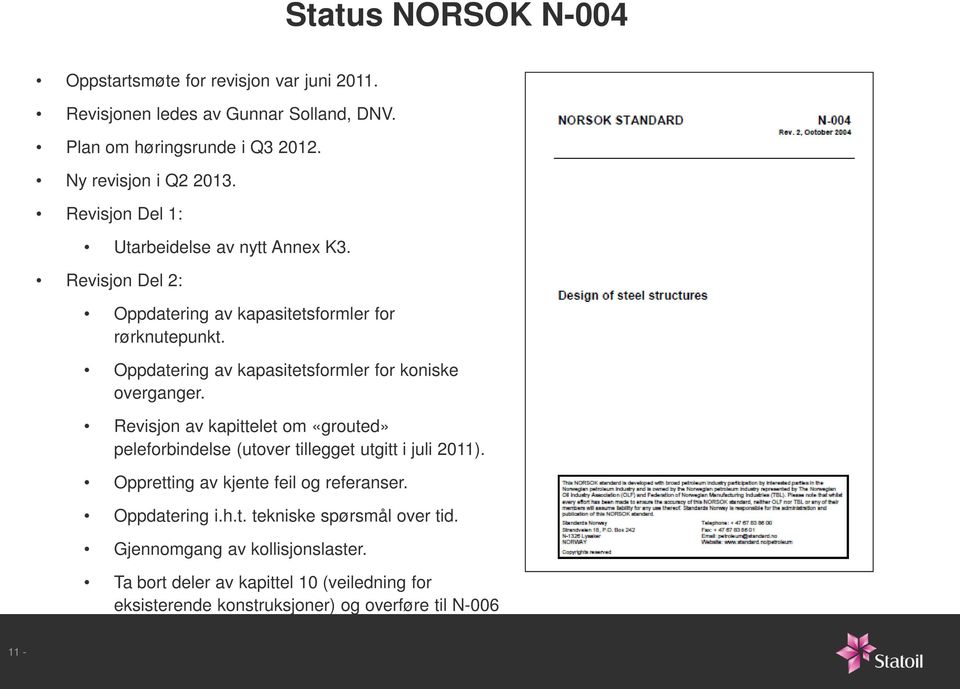 Oppdatering av kapasitetsformler for koniske overganger. Revisjon av kapittelet om «grouted» peleforbindelse (utover tillegget utgitt i juli 2011).