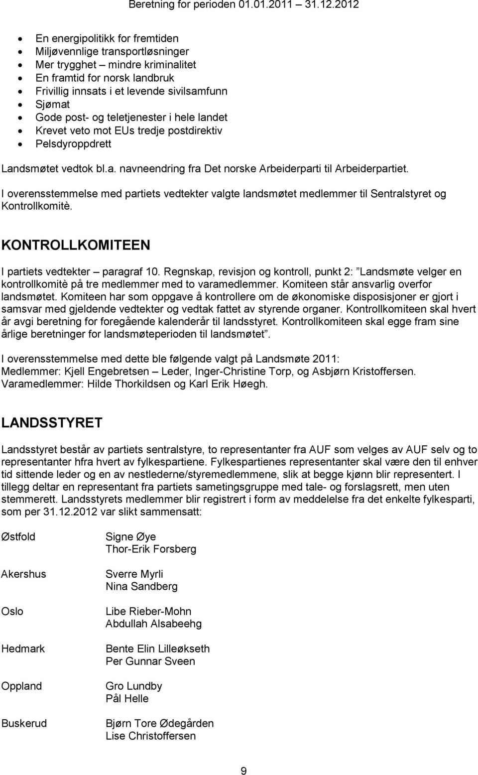 I overensstemmelse med partiets vedtekter valgte landsmøtet medlemmer til Sentralstyret og Kontrollkomitè. KONTROLLKOMITEEN I partiets vedtekter paragraf 10.