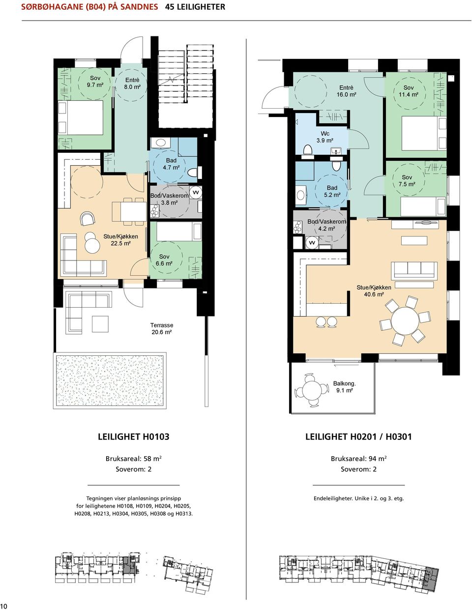 etg; pstilling; 10 Tegningen viser planløsnings prinsipp for leilighetene H0108, H0109, H0204, H0205, H0208, H0213, H0304, H0305, H0308 og H0313. AREALER -leil.