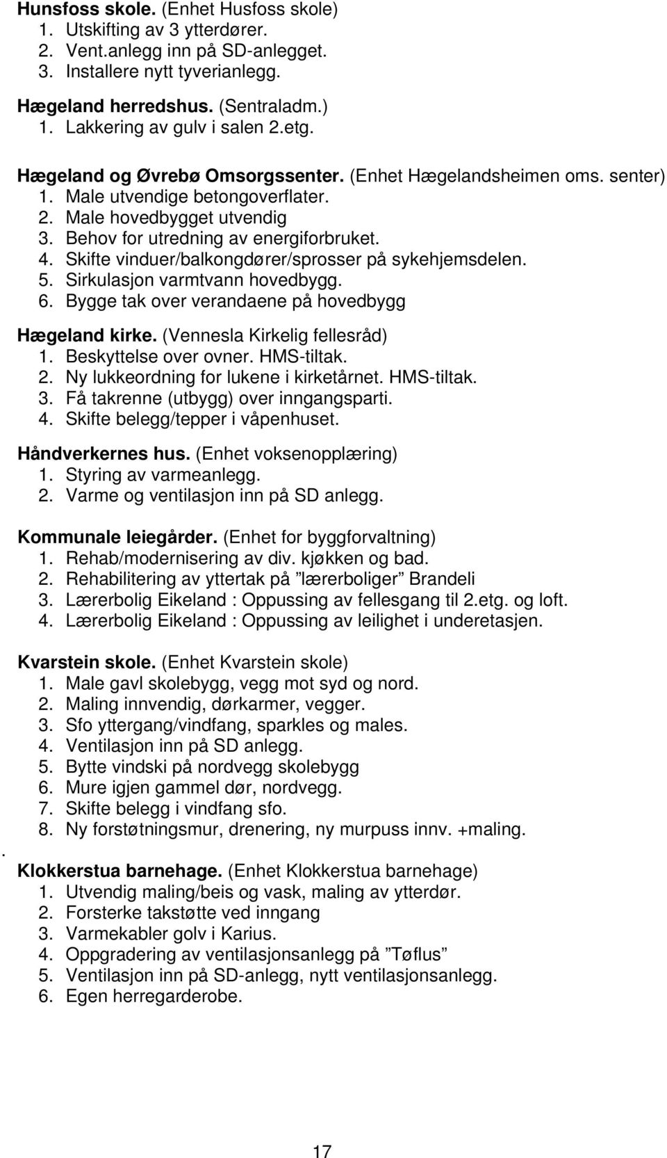 Skifte vinduer/balkongdører/sprosser på sykehjemsdelen. 5. Sirkulasjon varmtvann hovedbygg. 6. Bygge tak over verandaene på hovedbygg Hægeland kirke. (Vennesla Kirkelig fellesråd) 1.