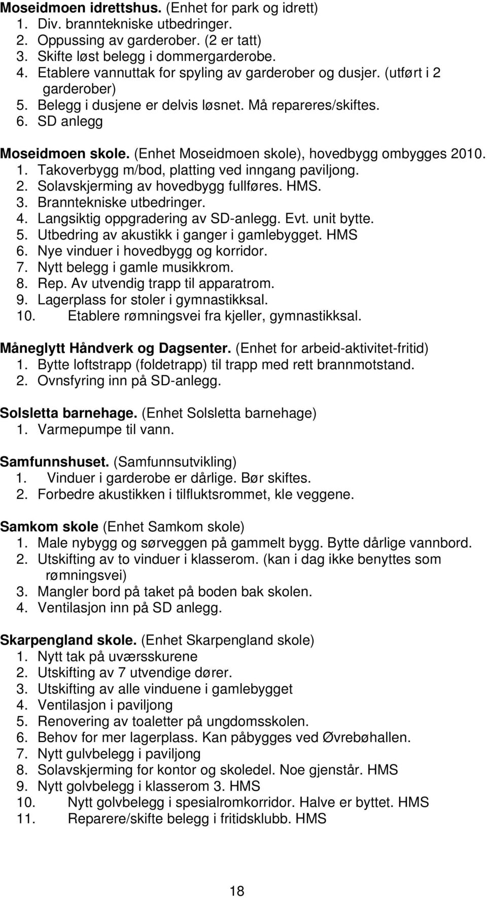 (Enhet Moseidmoen skole), hovedbygg ombygges 2010. 1. Takoverbygg m/bod, platting ved inngang paviljong. 2. Solavskjerming av hovedbygg fullføres. HMS. 3. Branntekniske utbedringer. 4.