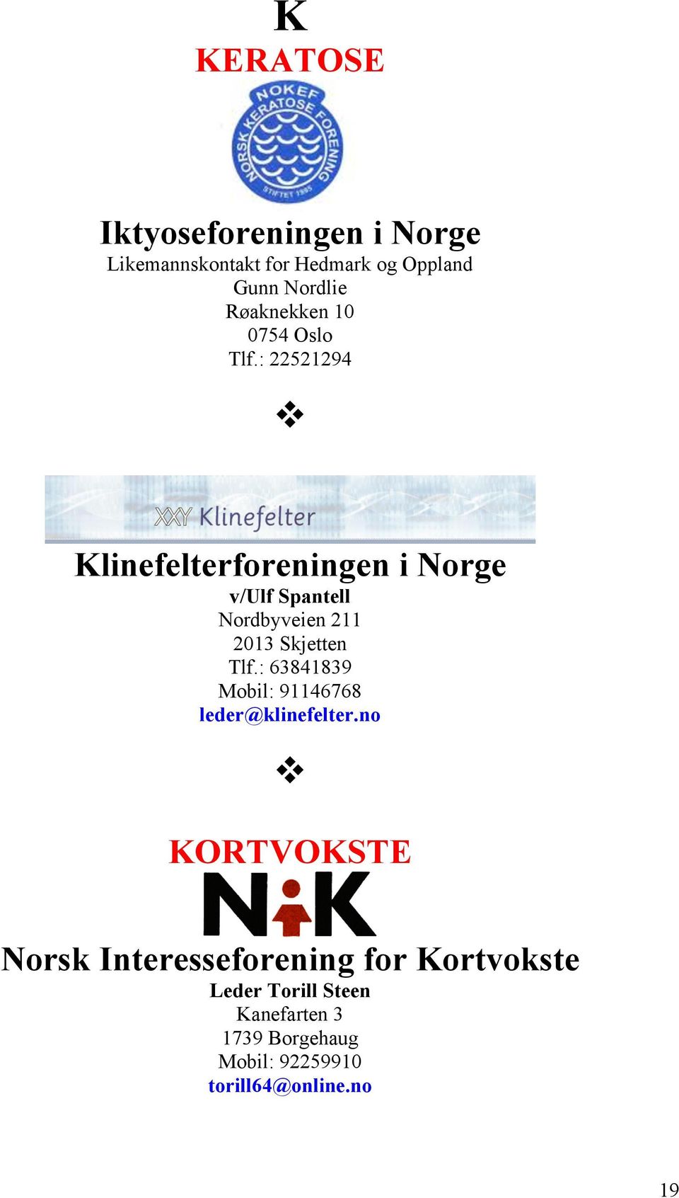: 22521294 Klinefelterforeningen i Norge v/ulf Spantell Nordbyveien 211 2013 Skjetten Tlf.