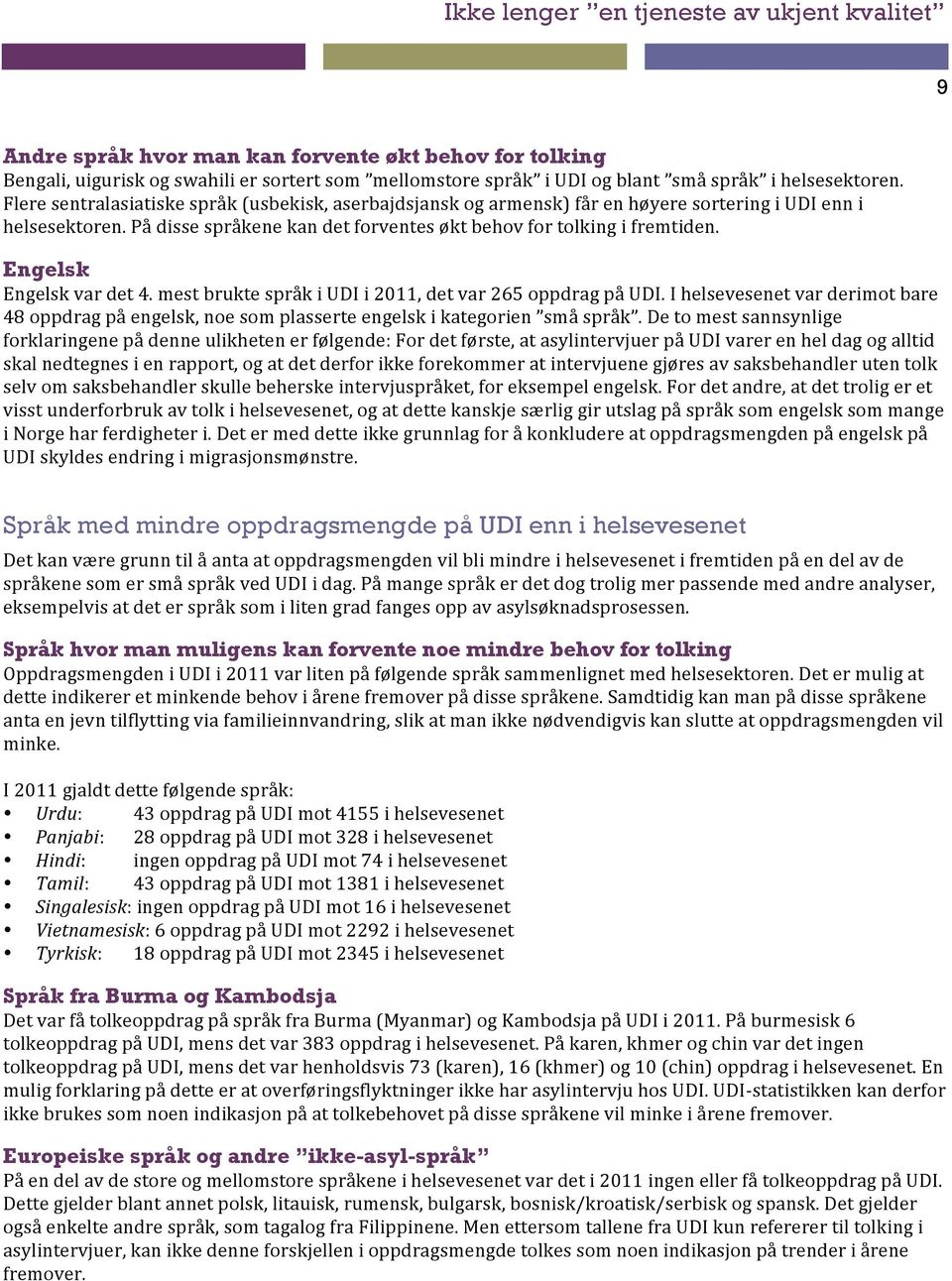 Engelsk Engelsk var det 4. mest brukte språk i UDI i 2011, det var 265 oppdrag på UDI. I helsevesenet var derimot bare 48 oppdrag på engelsk, noe som plasserte engelsk i kategorien små språk.