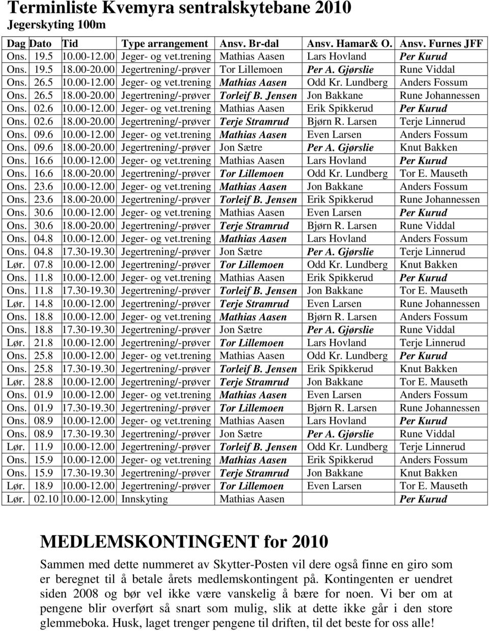 Lundberg Anders Fossum Ons. 26.5 18.00-20.00 Jegertrening/-prøver Torleif B. Jensen Jon Bakkane Rune Johannessen Ons. 02.6 10.00-12.00 Jeger- og vet.trening Mathias Aasen Erik Spikkerud Per Kurud Ons.