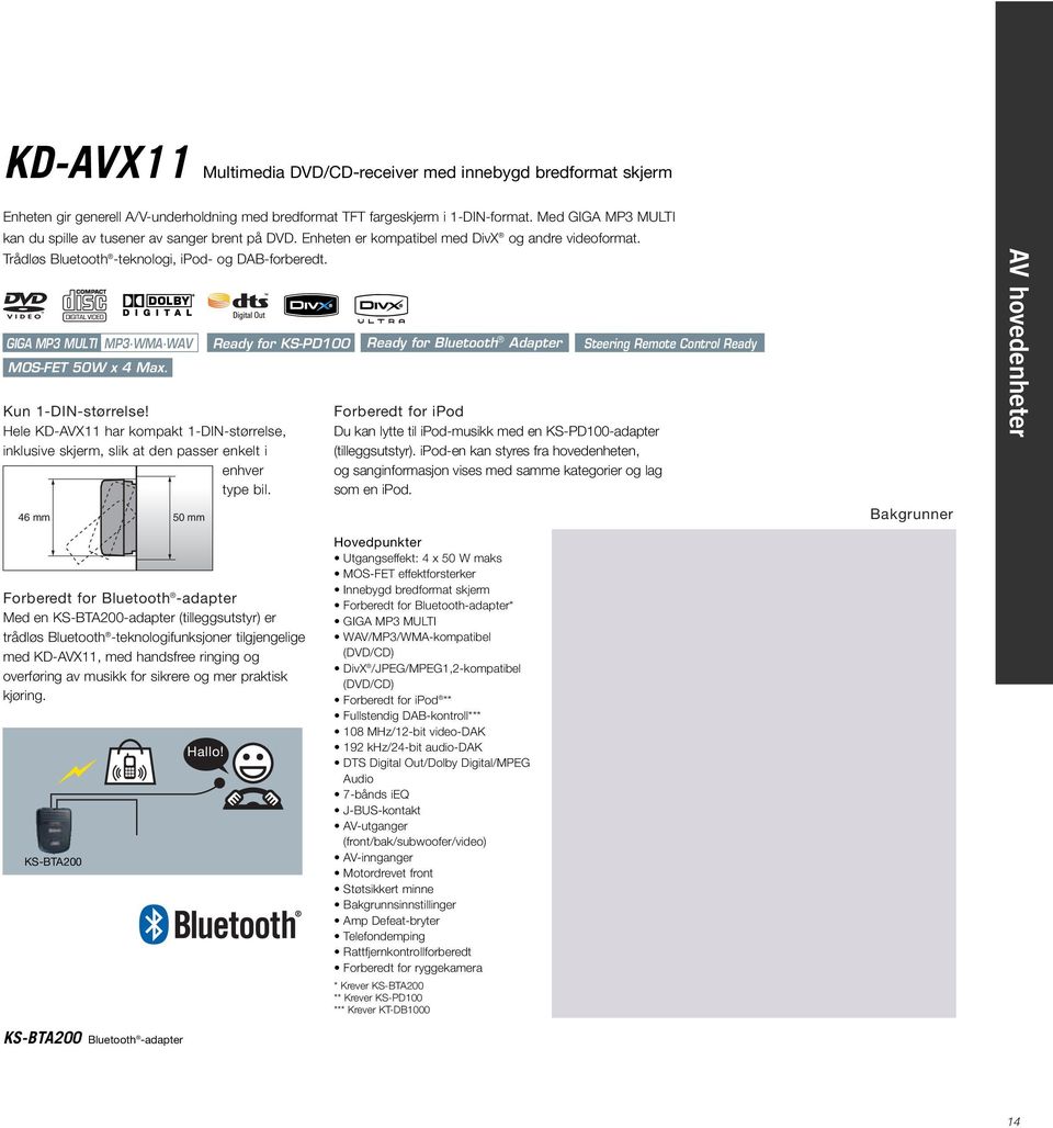 GIGA MP3 MULTI MP3 WMA WAV MOS-FET 50W x 4 Max. Kun 1-DIN-størrelse! Hele KD-AVX11 har kompakt 1-DIN-størrelse, inklusive skjerm, slik at den passer enkelt i enhver type bil.