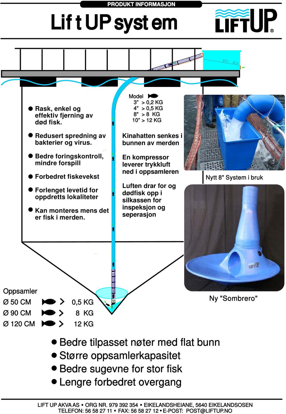 Model 3 > 0,2 KG 4" > 0,5 KG 8" > 8 KG 10 > 12 KG Kinahatten senkes i bunnen av merden En kompressor leverer trykkluft ned i oppsamleren uften drar for og dødfisk opp i silkassen for inspeksjon og