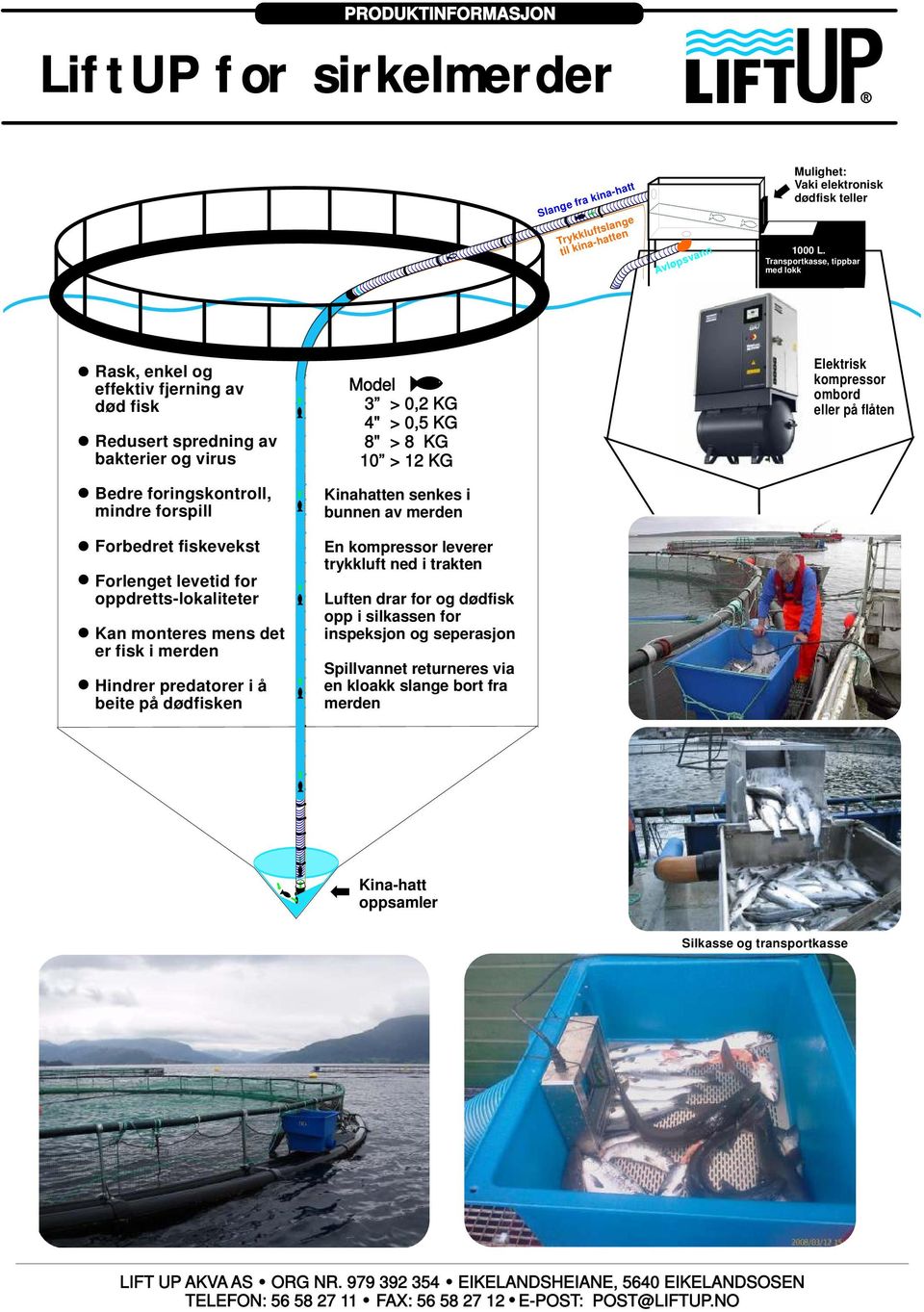 oppdretts-lokaliteter Kan monteres mens det er fisk i merden Hindrer predatorer i å beite på dødfisken Model 3 > 0,2 KG 4" > 0,5 KG 8" > 8 KG 10 > 12 KG Kinahatten senkes i bunnen av merden En