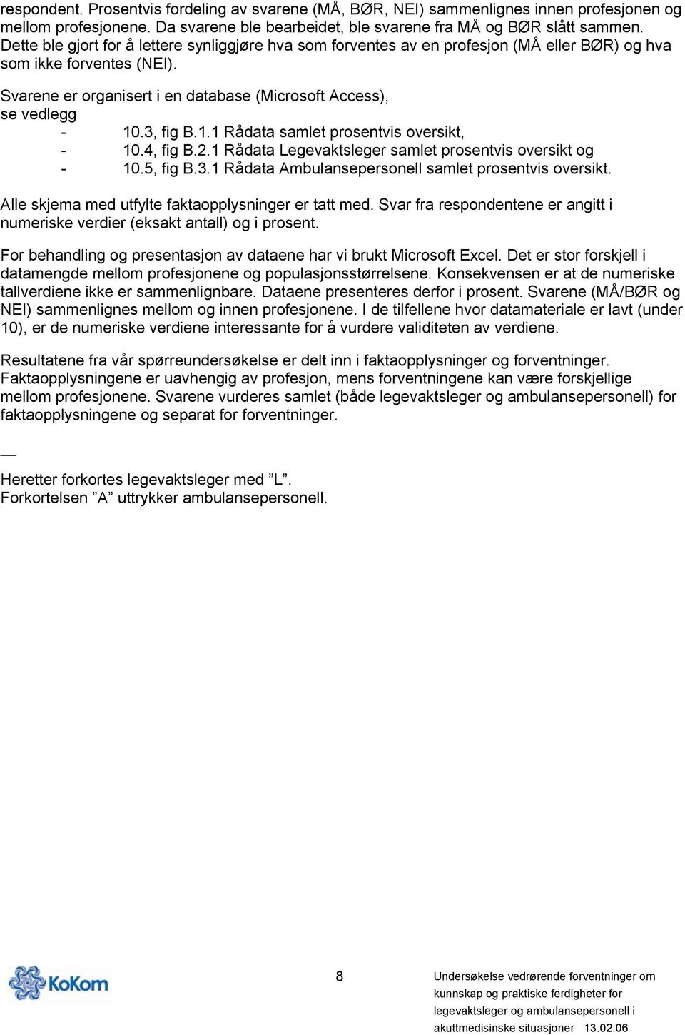 3, fig B.1.1 Rådata samlet prosentvis oversikt, - 10.4, fig B.2.1 Rådata Legevaktsleger samlet prosentvis oversikt og - 10.5, fig B.3.1 Rådata Ambulansepersonell samlet prosentvis oversikt.