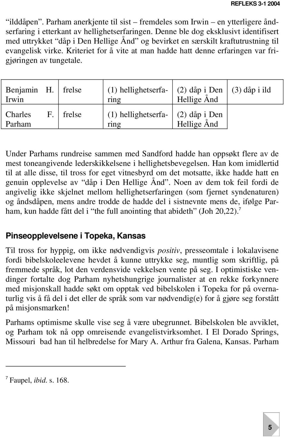 Kriteriet for å vite at man hadde hatt denne erfaringen var frigjøringen av tungetale. Benjamin H. Irwin frelse (1) hellighetserfaring (2) dåp i Den Hellige Ånd (3) dåp i ild Charles F.