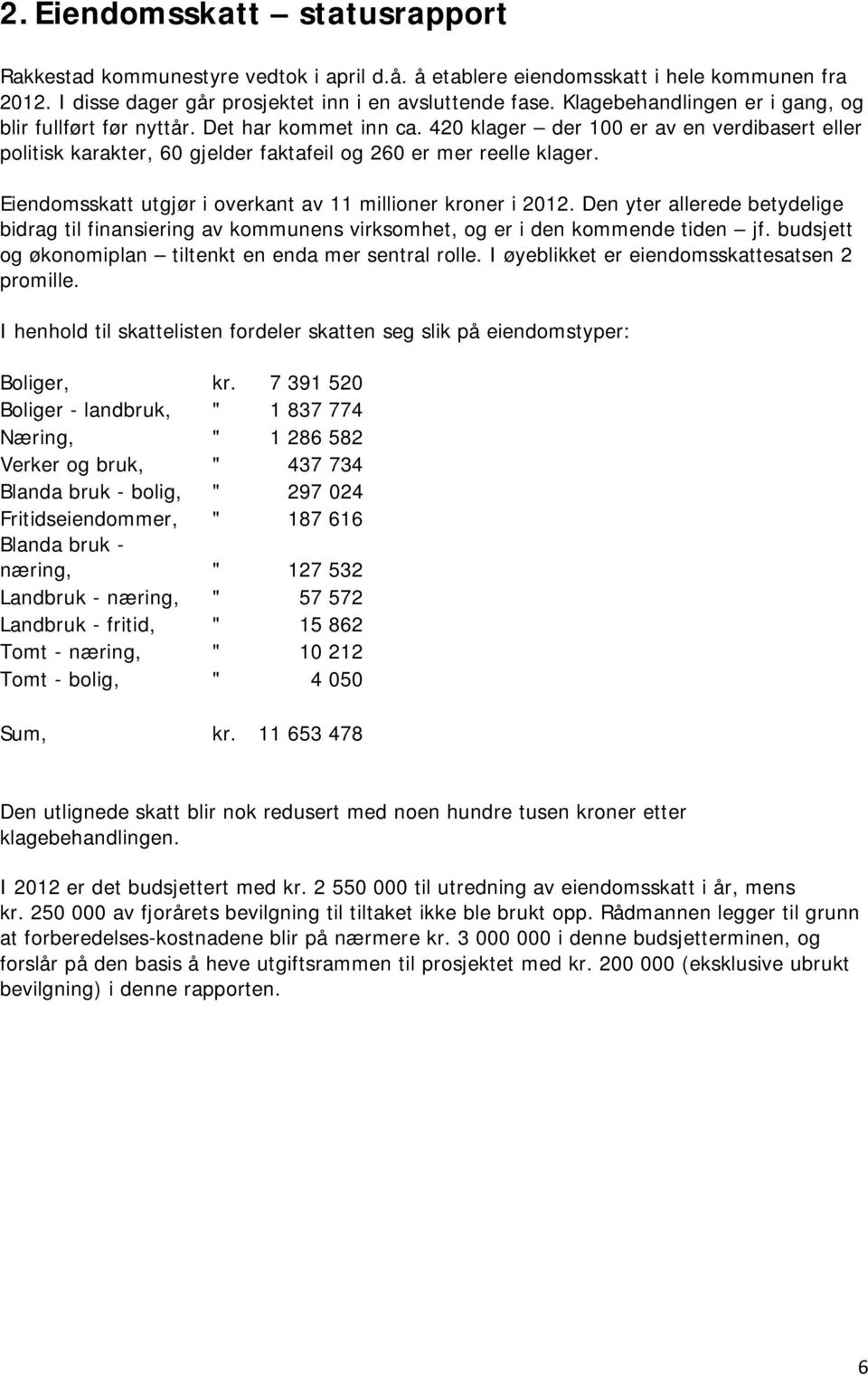 Eiendomsskatt utgjør i overkant av 11 millioner kroner i 2012. Den yter allerede betydelige bidrag til finansiering av kommunens virksomhet, og er i den kommende tiden jf.