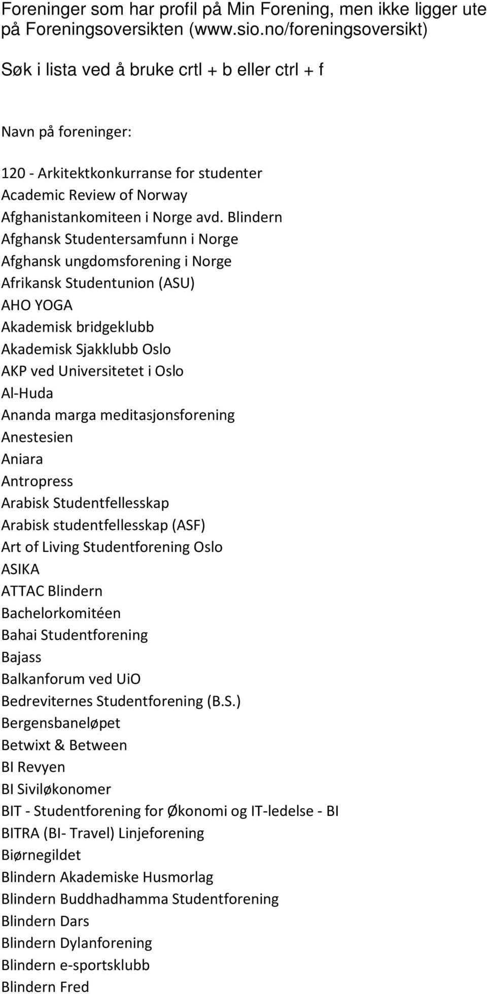 Blindern Afghansk Studentersamfunn i Norge Afghansk ungdomsforening i Norge Afrikansk Studentunion (ASU) AHO YOGA Akademisk bridgeklubb Akademisk Sjakklubb Oslo AKP ved Universitetet i Oslo Al-Huda