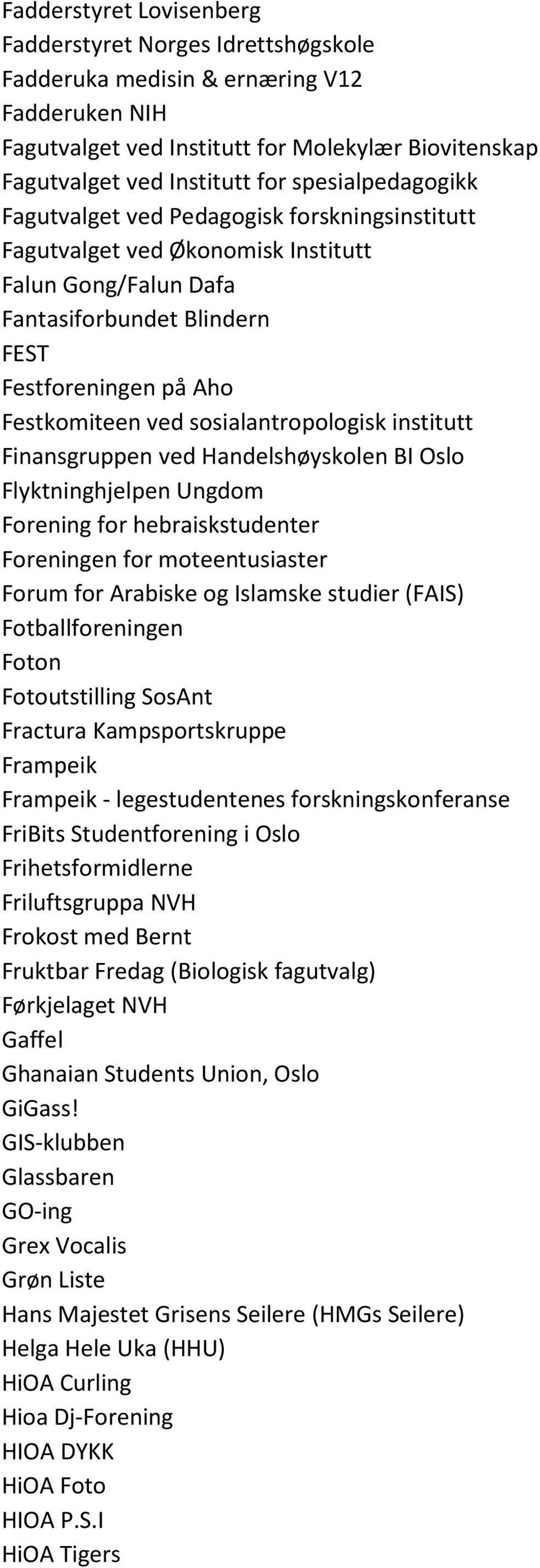 sosialantropologisk institutt Finansgruppen ved Handelshøyskolen BI Oslo Flyktninghjelpen Ungdom Forening for hebraiskstudenter Foreningen for moteentusiaster Forum for Arabiske og Islamske studier