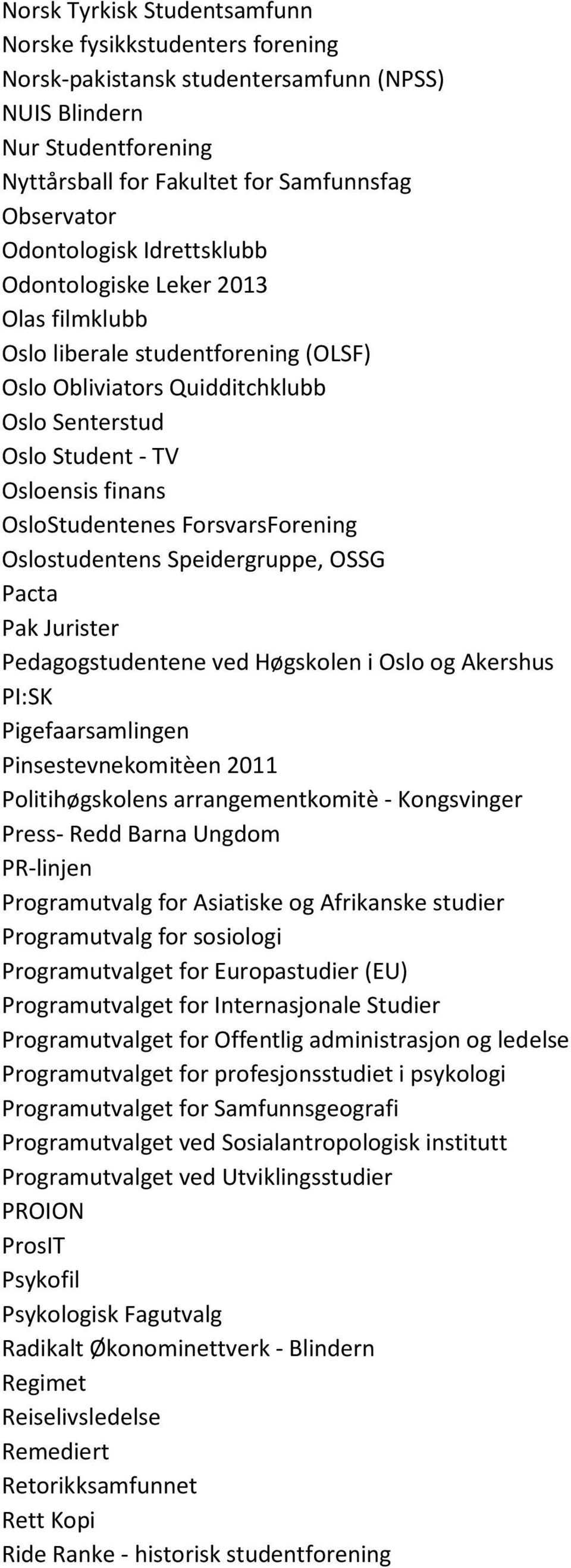 OsloStudentenes ForsvarsForening Oslostudentens Speidergruppe, OSSG Pacta Pak Jurister Pedagogstudentene ved Høgskolen i Oslo og Akershus PI:SK Pigefaarsamlingen Pinsestevnekomitèen 2011