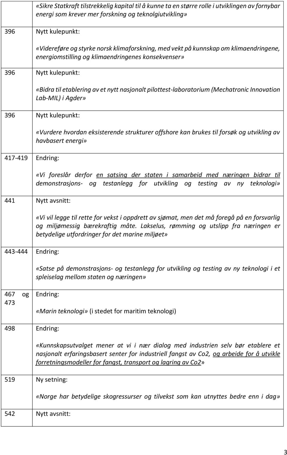 (Mechatronic Innovation Lab-MIL) i Agder» 396 Nytt kulepunkt: 417-419 Endring: «Vurdere hvordan eksisterende strukturer offshore kan brukes til forsøk og utvikling av havbasert energi» «Vi foreslår