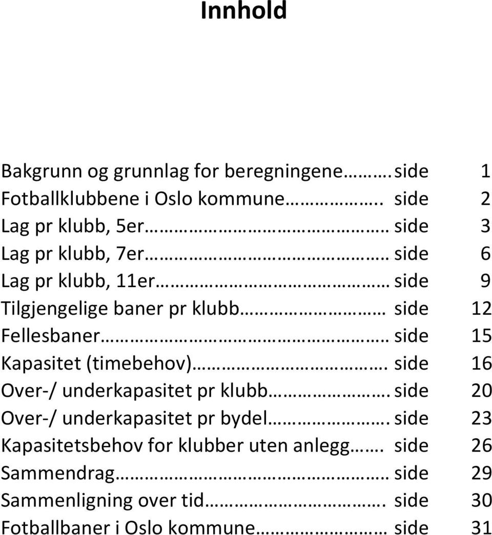 . side 9 Tilgjengelige baner pr klubb side 12 Fellesbaner side 15 Kapasitet (timebehov).