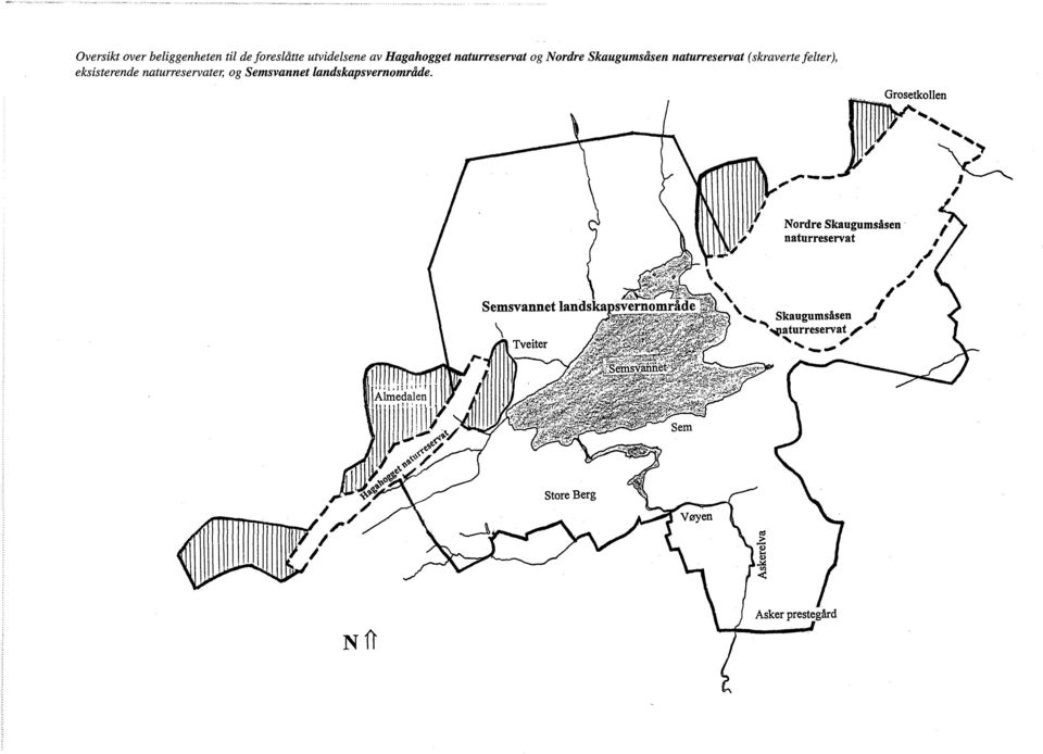 eksisterende naturreservater, og Semsvannet landskapsvernområde.