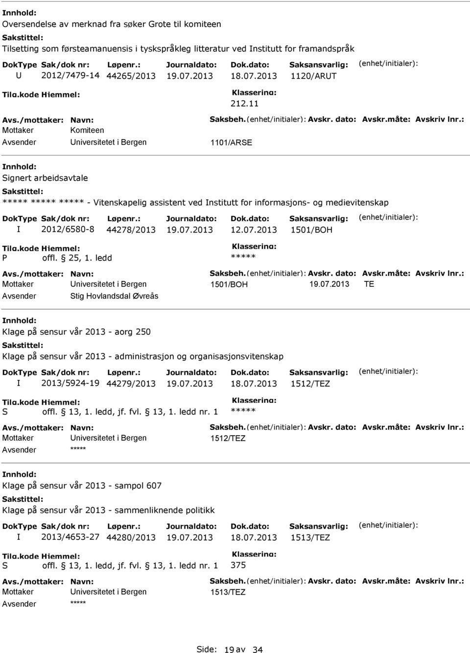 ledd Mottaker 1501/BOH TE tig Hovlandsdal Øvreås Klage på sensur vår 2013 - aorg 250 Klage på sensur vår 2013 - administrasjon og organisasjonsvitenskap 2013/5924-19 44279/2013