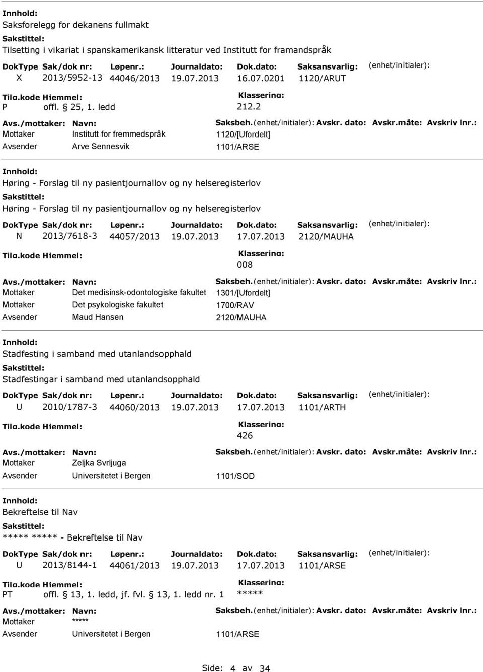 helseregisterlov N 2013/7618-3 44057/2013 2120/MAHA 008 Mottaker Det medisinsk-odontologiske fakultet 1301/[fordelt] Mottaker Det psykologiske fakultet 1700/RAV Maud Hansen 2120/MAHA tadfesting i