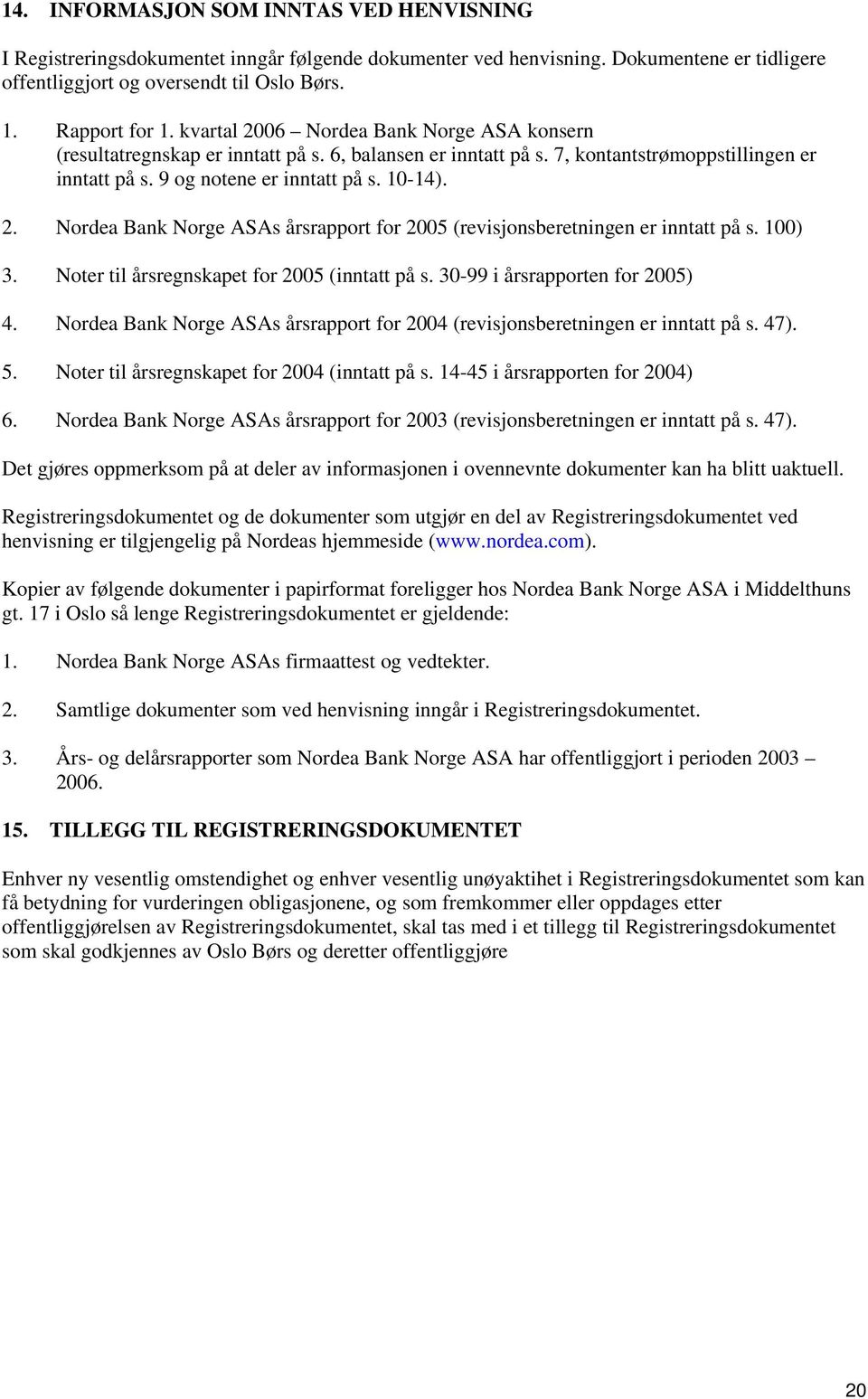 100) 3. Noter til årsregnskapet for 2005 (inntatt på s. 30-99 i årsrapporten for 2005) 4. Nordea Bank Norge ASAs årsrapport for 2004 (revisjonsberetningen er inntatt på s. 47). 5.