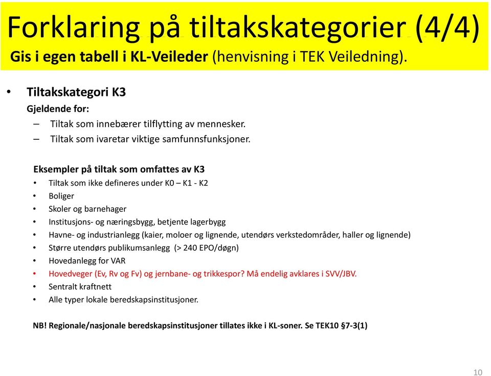 Eksempler på tiltak som omfattes av K3 Tiltak som ikke defineres under K0 K1 K2 Boliger Skoler og barnehager Institusjons og næringsbygg, betjente lagerbygg Havne og industrianlegg (kaier, moloer og