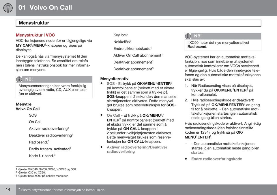Menytre Volvo On Call SOS On Call Aktiver radiooverføring 1 Deaktiver radiooverføring 1 Radiosend. 3 Radio transm. activated 1 Kode f. r-send.
