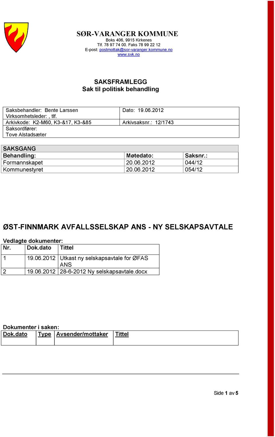 Arkivkode: K2-M60, K3-&17, K3-&85 Saksordfører: Tove Alstadsæter SAKSGANG Behandling: Formannskapet Kommunestyret Dato: 19.06.2012 Arkivsaksnr.: 12/1743 Møtedato: 20.06.2012 20.