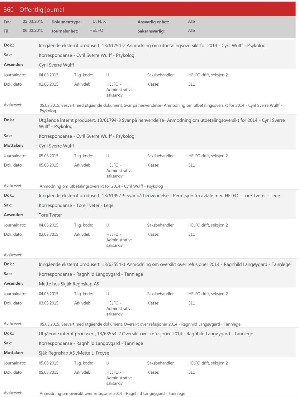 2015, Besvart med utgående dokument, Svar på henvendelse- Anmodning om utbetalingsoversikt for 2014 - Cyril Sverre Wulff - Psykolog tgående internt produsert, 13/61794-3 Svar på henvendelse-