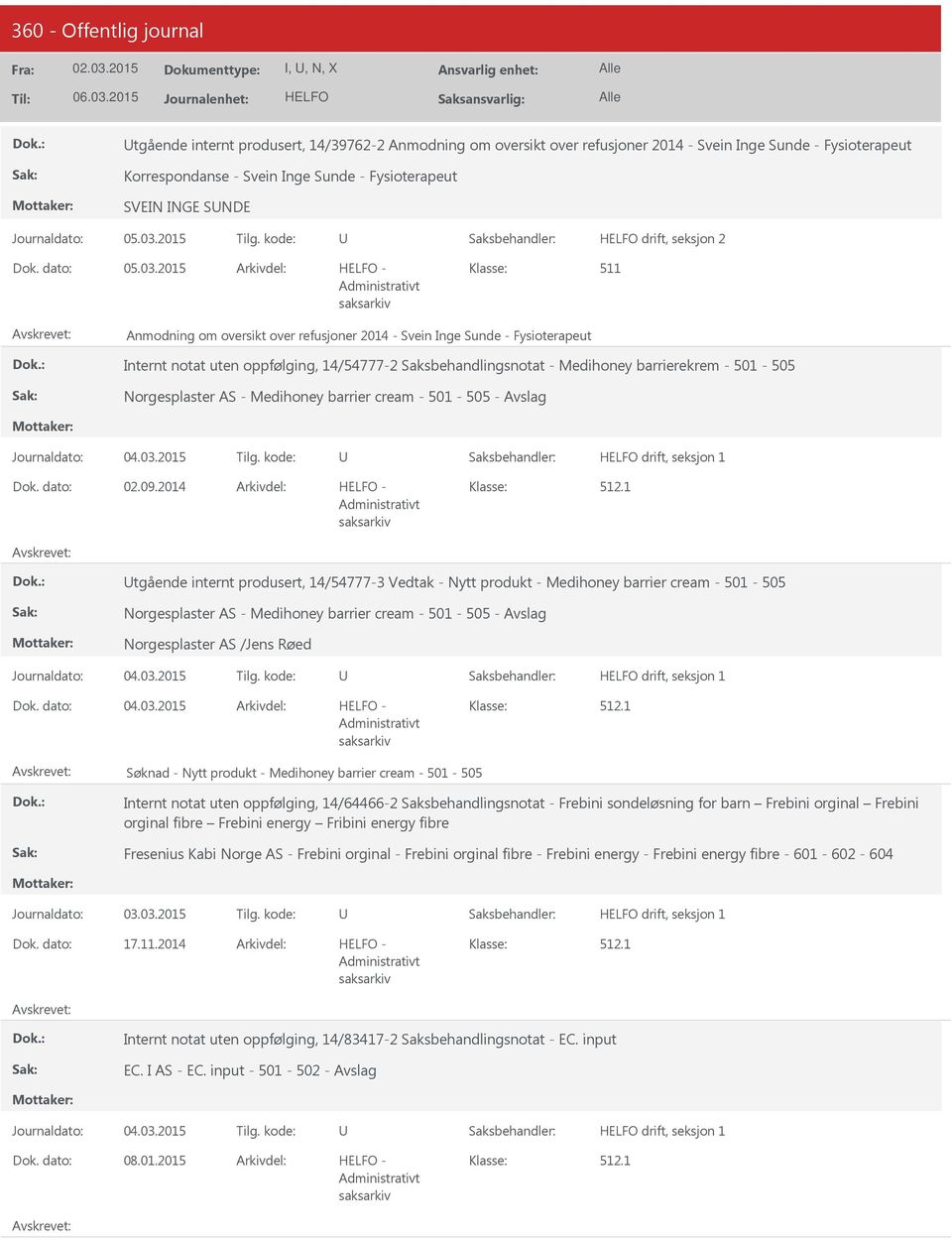 2015 Anmodning om oversikt over refusjoner 2014 - Svein Inge Sunde - Fysioterapeut Internt notat uten oppfølging, 14/54777-2 Saksbehandlingsnotat - Medihoney barrierekrem - 501-505 Norgesplaster AS -