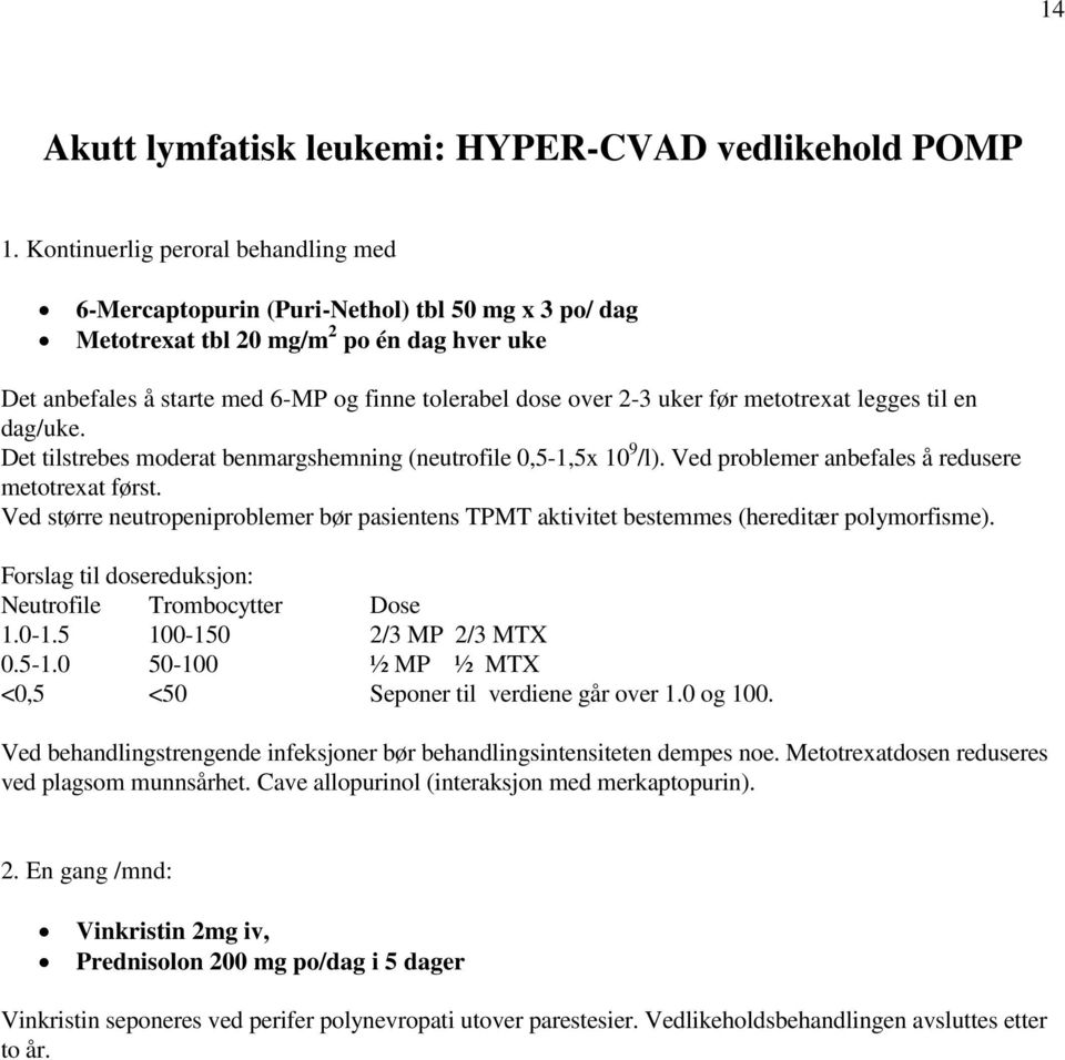 uker før metotrexat legges til en dag/uke. Det tilstrebes moderat benmargshemning (neutrofile 0,5-1,5x 10 9 /l). Ved problemer anbefales å redusere metotrexat først.