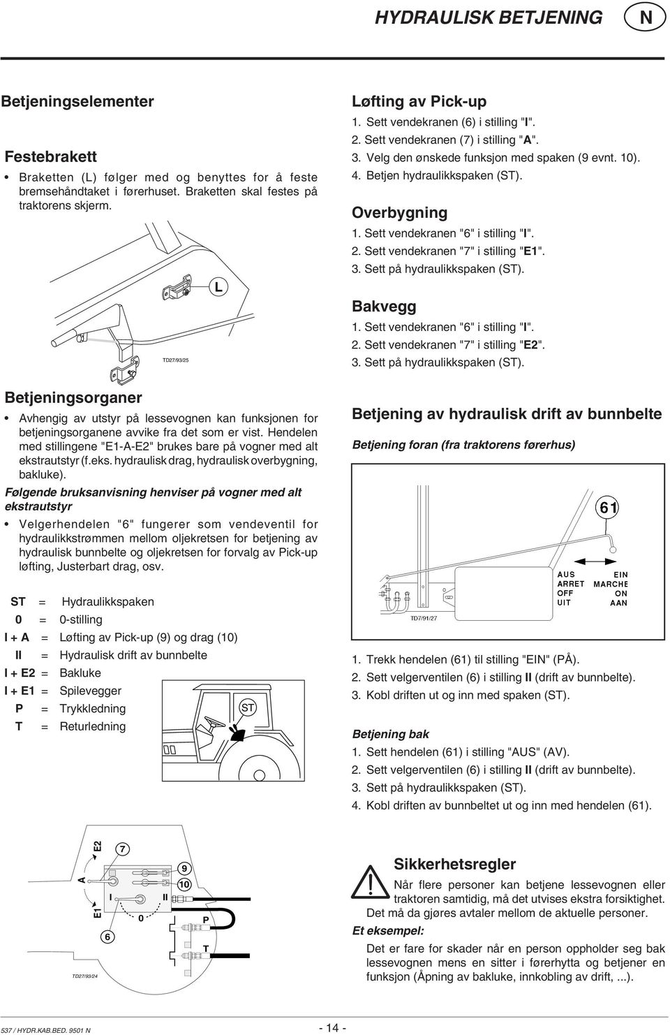 Hendelen med stillingene "E1-A-E2" brukes bare på vogner med alt ekstrautstyr (f.eks. hydraulisk drag, hydraulisk overbygning, bakluke).