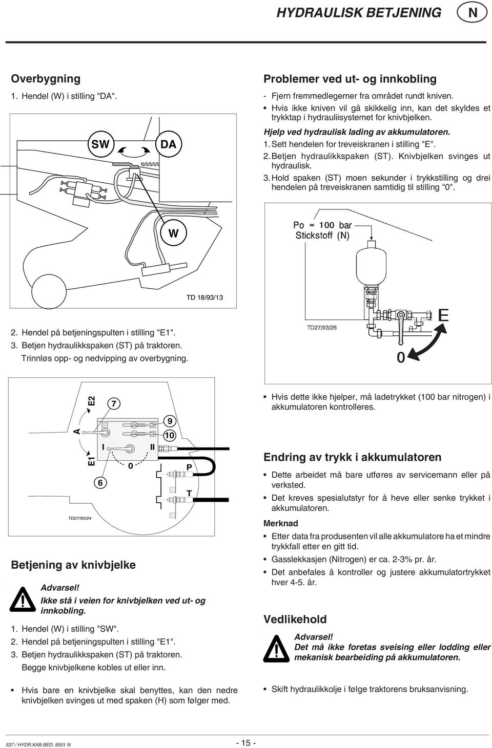 2.Betjen hydraulikkspaken (ST). Knivbjelken svinges ut hydraulisk. 3. Hold spaken (ST) moen sekunder i trykkstilling og drei hendelen på treveiskranen samtidig til stilling "0". W TD 18/93/13 2.