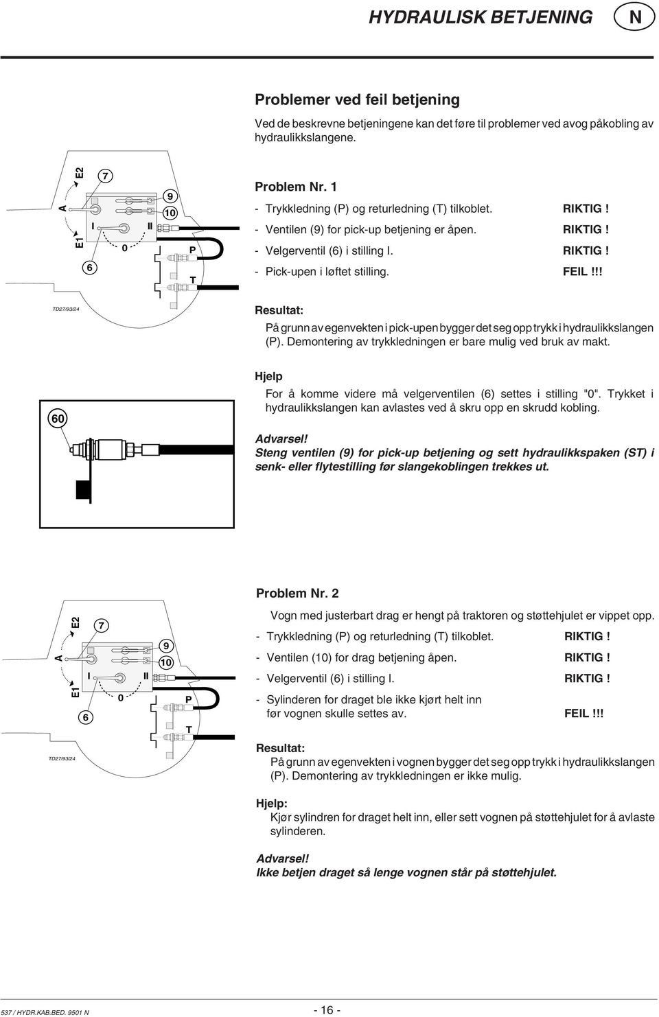 !! TD27/93/24 Resultat: På grunn av egenvekten i pick-upen bygger det seg opp trykk i hydraulikkslangen (P). Demontering av trykkledningen er bare mulig ved bruk av makt.