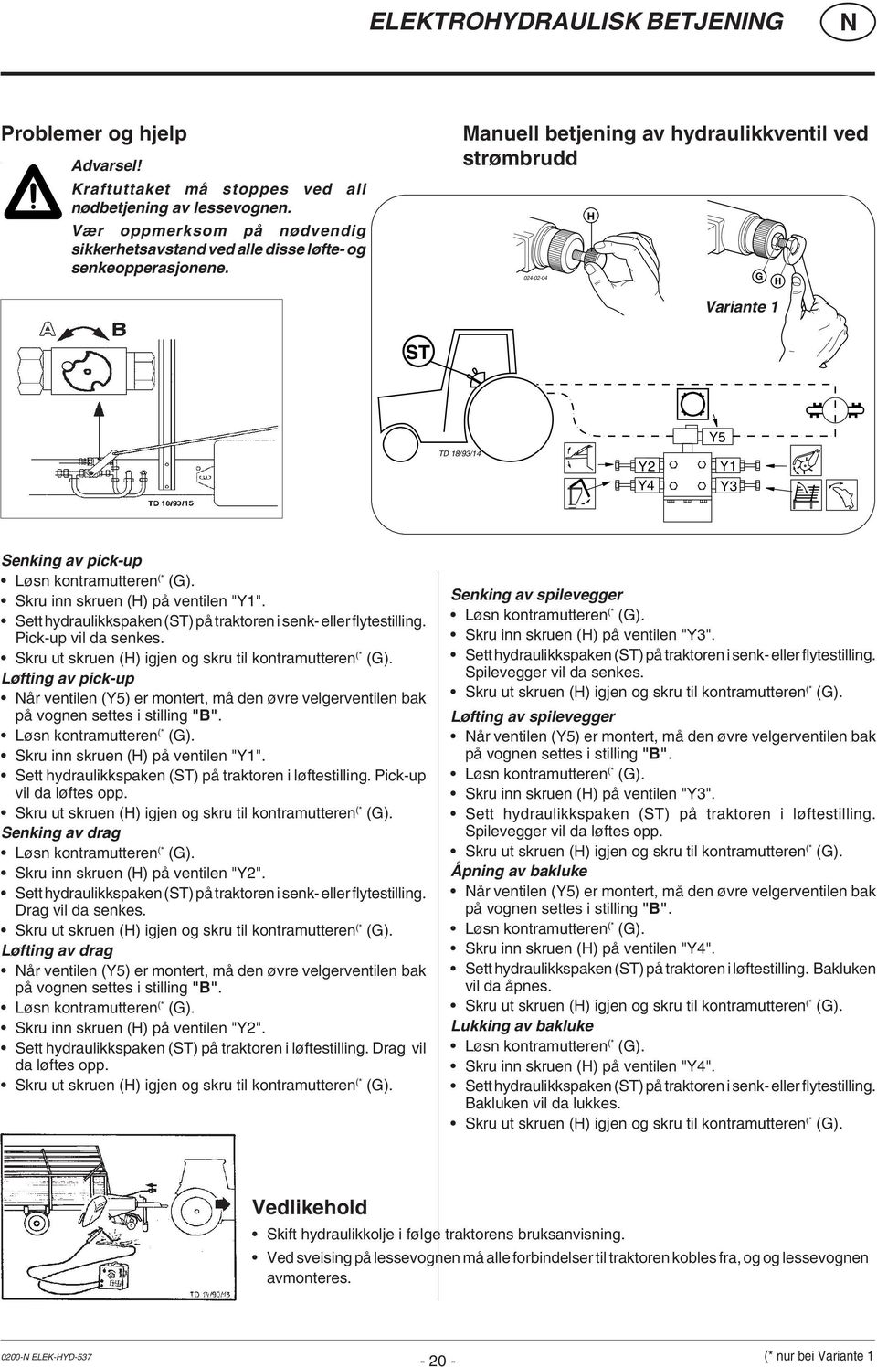 Manuell betjening av hydraulikkventil ved strømbrudd 024-02-04 H G H Variante 1 ST TD 18/93/14 Y2 Y4 Y5 Y1 Y3 Senking av pick-up Løsn kontramutteren (* (G). Skru inn skruen (H) på ventilen "Y1".