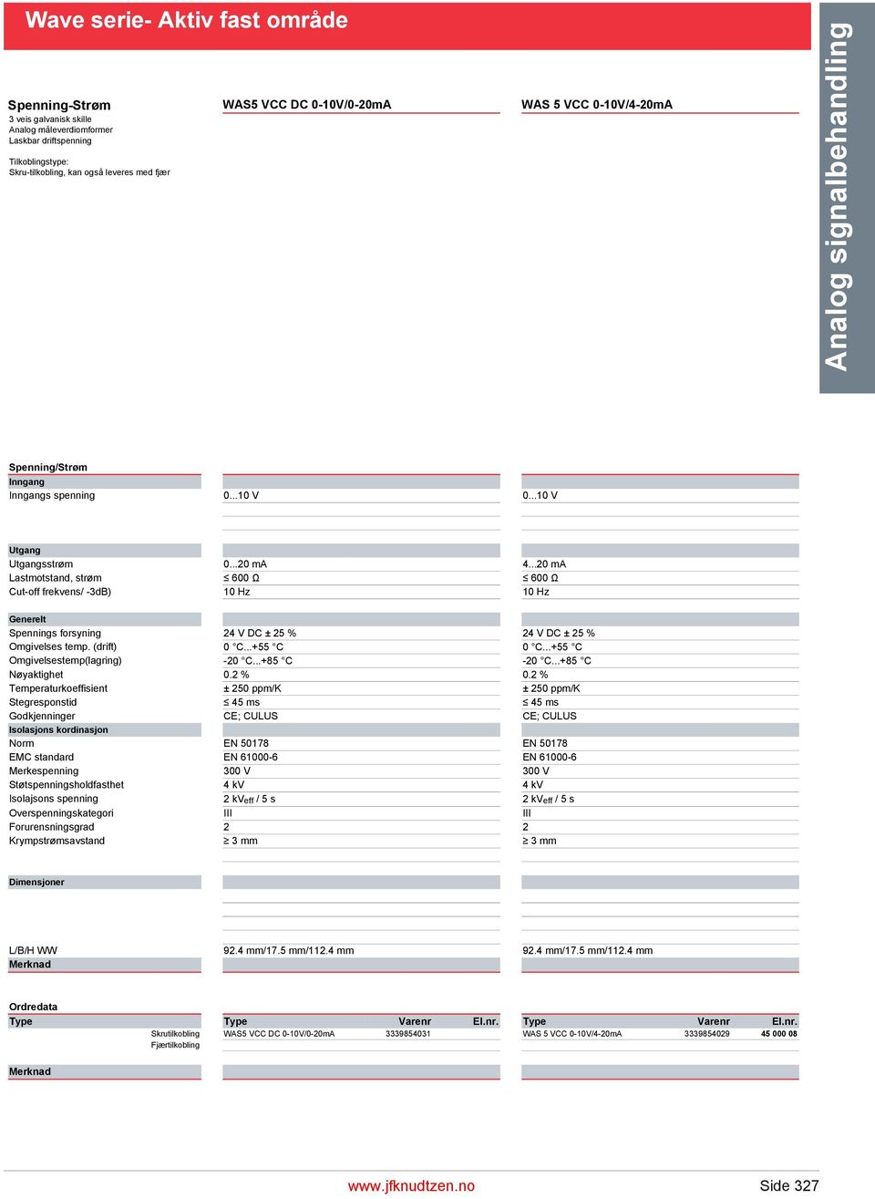 ..20 ma Lastmotstand, strøm 600 Ω 600 Ω Cut-off frekvens/ -3dB) 10 Hz 10 Hz Generelt Spennings forsyning 24 V DC ± 25 % 24 V DC ± 25 % Omgivelses temp. (drift) 0 C...+55 C 0 C.